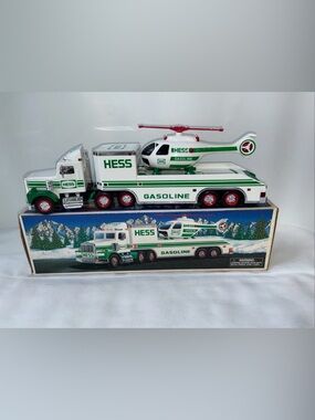 1995 Hess Toy Truck and Helicopter with Original Box Lights Work Collectible